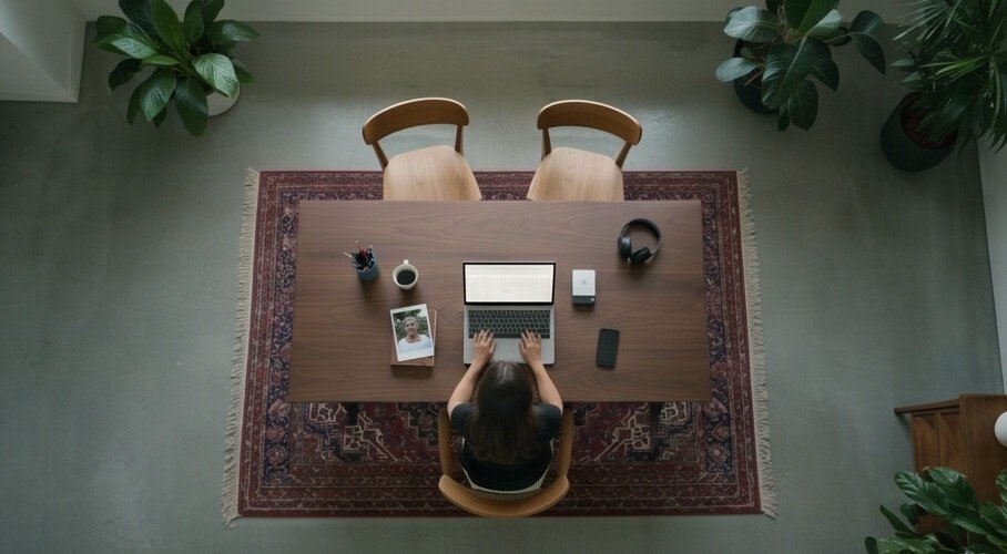 Melissa working at her desk, seen from above